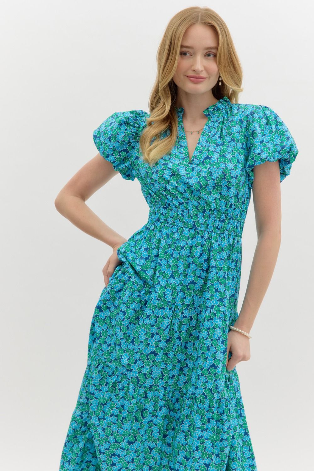 Entro Blue & Green Floral Cotton Tiered Midi Dress-Midi Dresses-Entro-Deja Nu Boutique, Women's Fashion Boutique in Lampasas, Texas