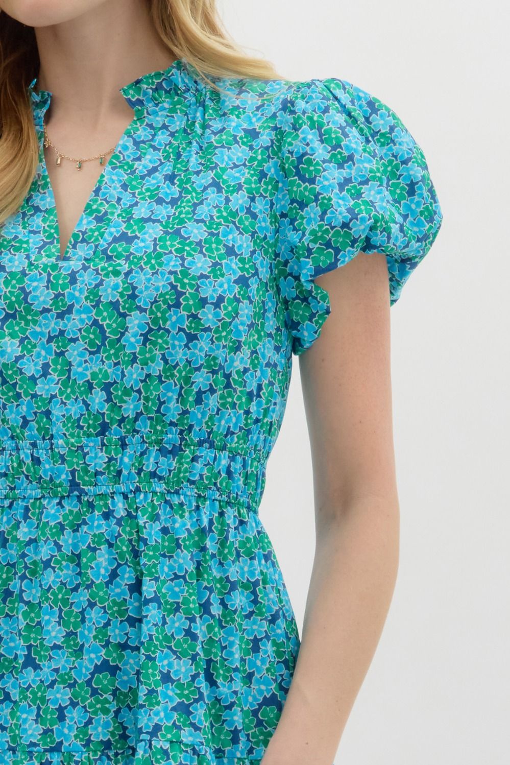 Entro Blue & Green Floral Cotton Tiered Midi Dress-Midi Dresses-Entro-Deja Nu Boutique, Women's Fashion Boutique in Lampasas, Texas