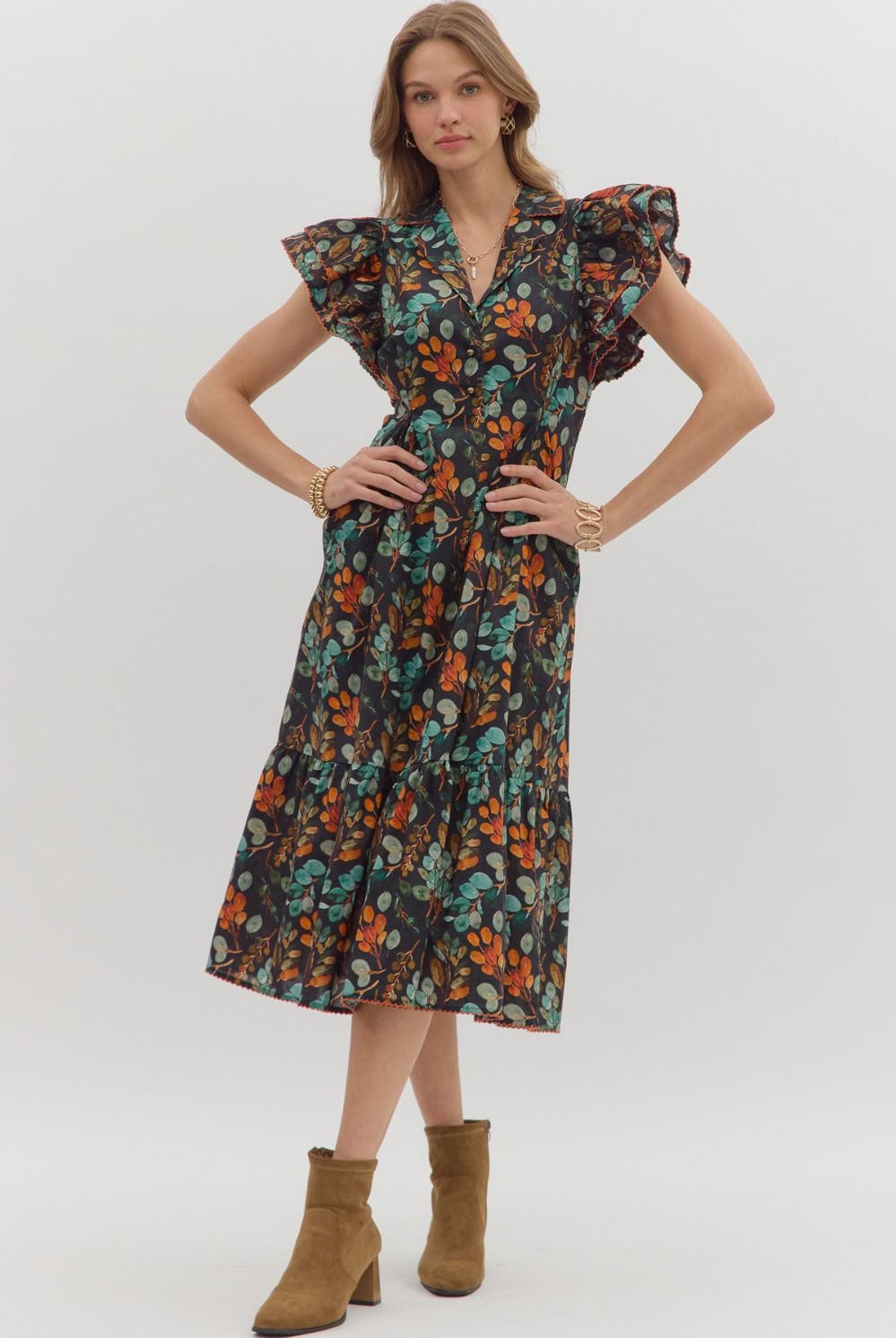 Entro Botanical Print Black Cotton Midi Dress with Flutter Sleeves & Pockets-Dresses-Entro-Deja Nu Boutique, Women's Fashion Boutique in Lampasas, Texas