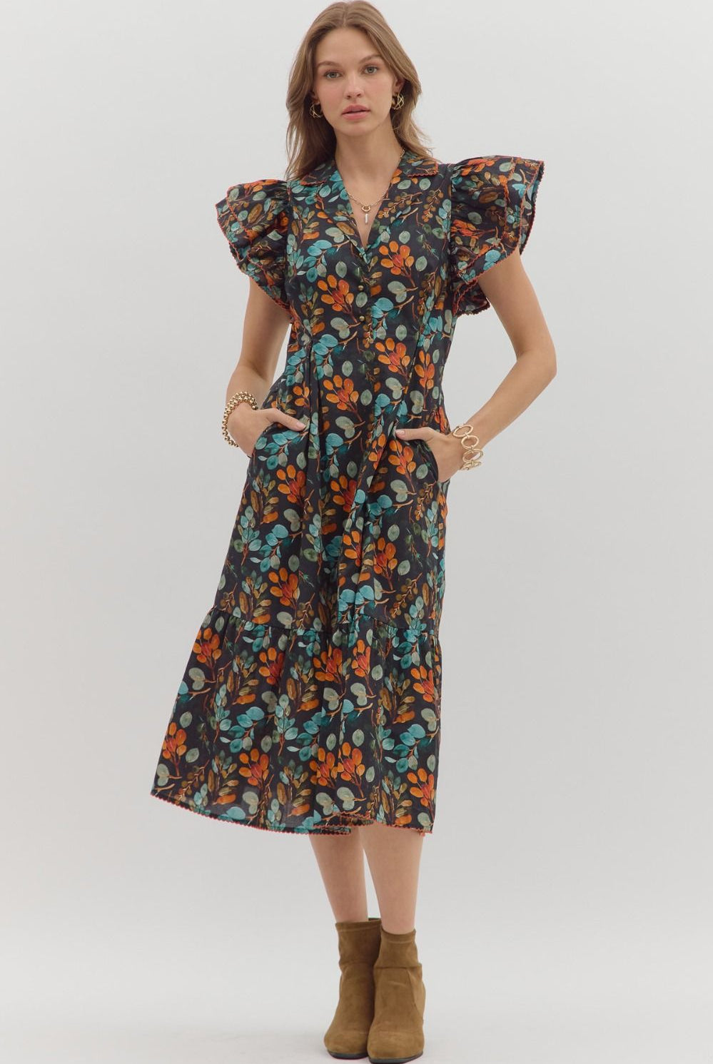 Entro Botanical Print Black Cotton Midi Dress with Flutter Sleeves & Pockets-Dresses-Entro-Deja Nu Boutique, Women's Fashion Boutique in Lampasas, Texas