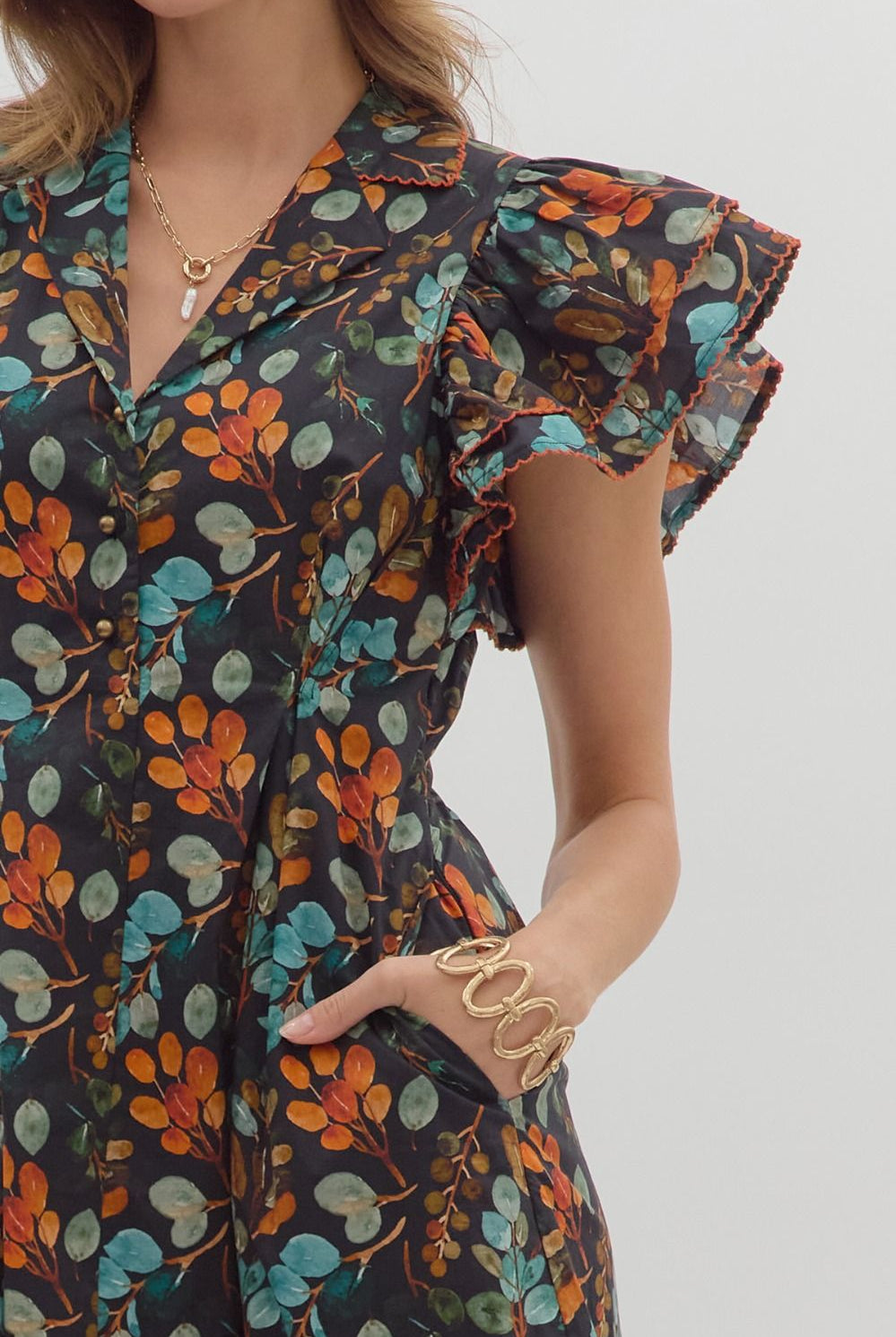 Entro Botanical Print Black Cotton Midi Dress with Flutter Sleeves & Pockets-Dresses-Entro-Deja Nu Boutique, Women's Fashion Boutique in Lampasas, Texas