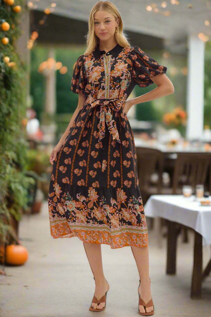 Entro Botanical Print Puff Sleeve Midi Dress In Black-Dresses-Entro-Deja Nu Boutique, Women's Fashion Boutique in Lampasas, Texas