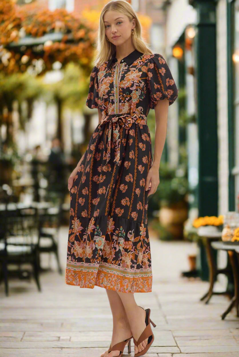 Entro Botanical Print Puff Sleeve Midi Dress In Black-Dresses-Entro-Deja Nu Boutique, Women's Fashion Boutique in Lampasas, Texas
