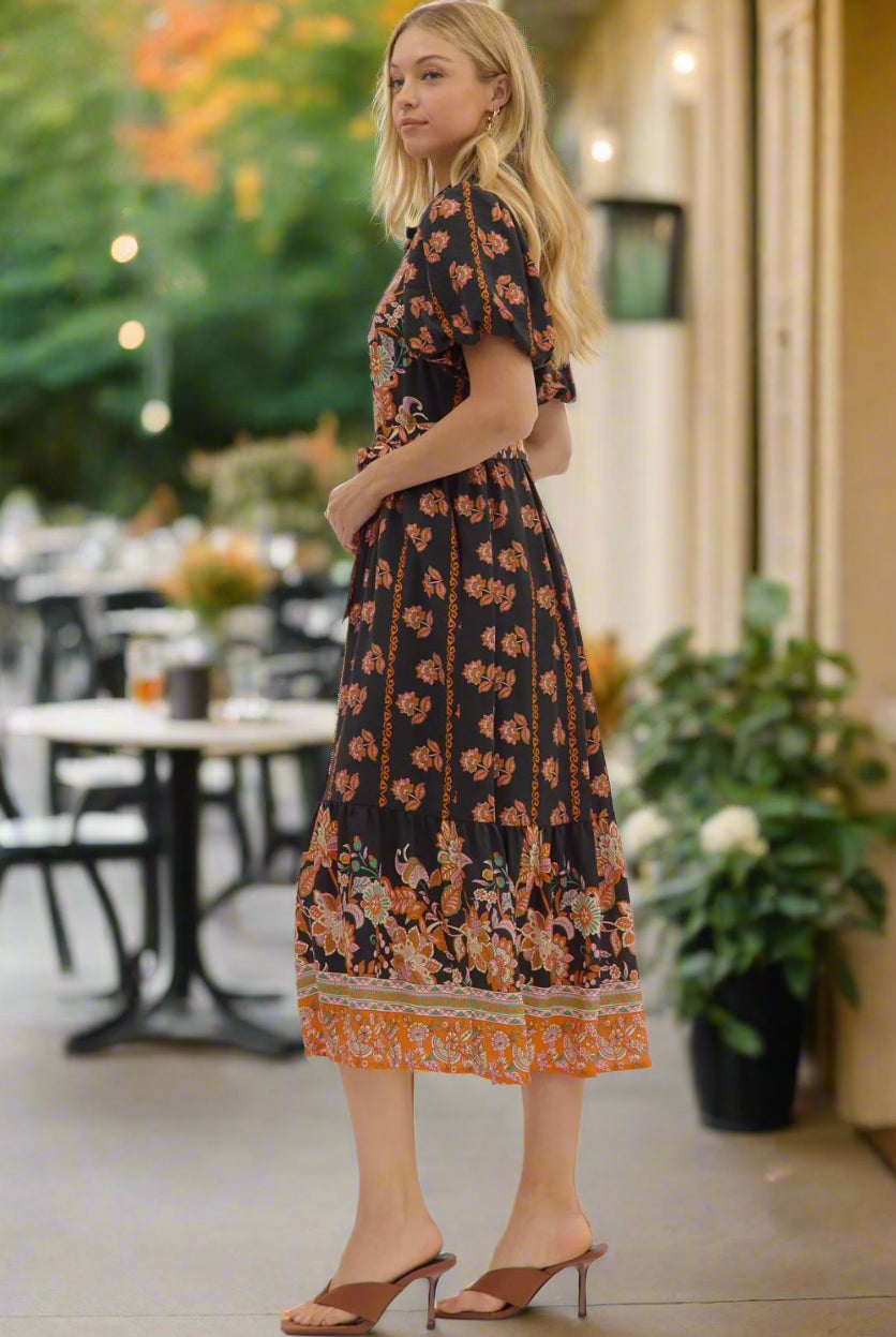 Entro Botanical Print Puff Sleeve Midi Dress In Black-Dresses-Entro-Deja Nu Boutique, Women's Fashion Boutique in Lampasas, Texas