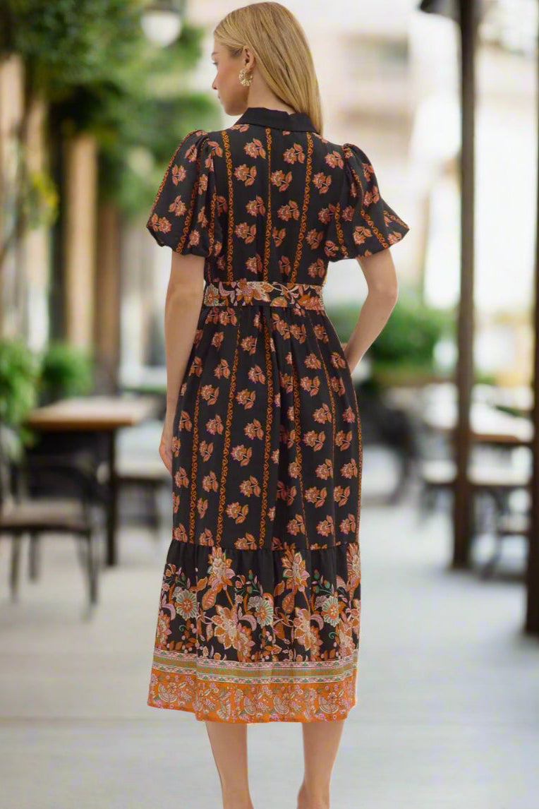 Entro Botanical Print Puff Sleeve Midi Dress In Black-Dresses-Entro-Deja Nu Boutique, Women's Fashion Boutique in Lampasas, Texas