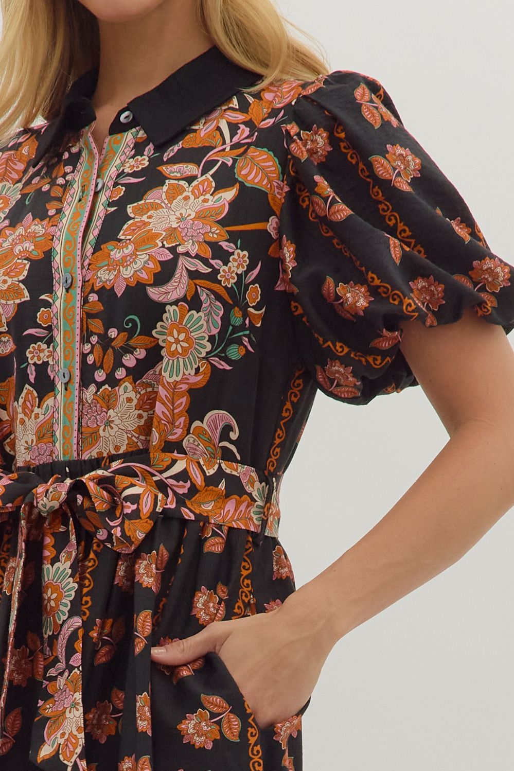 Entro Botanical Print Puff Sleeve Midi Dress In Black-Dresses-Entro-Deja Nu Boutique, Women's Fashion Boutique in Lampasas, Texas