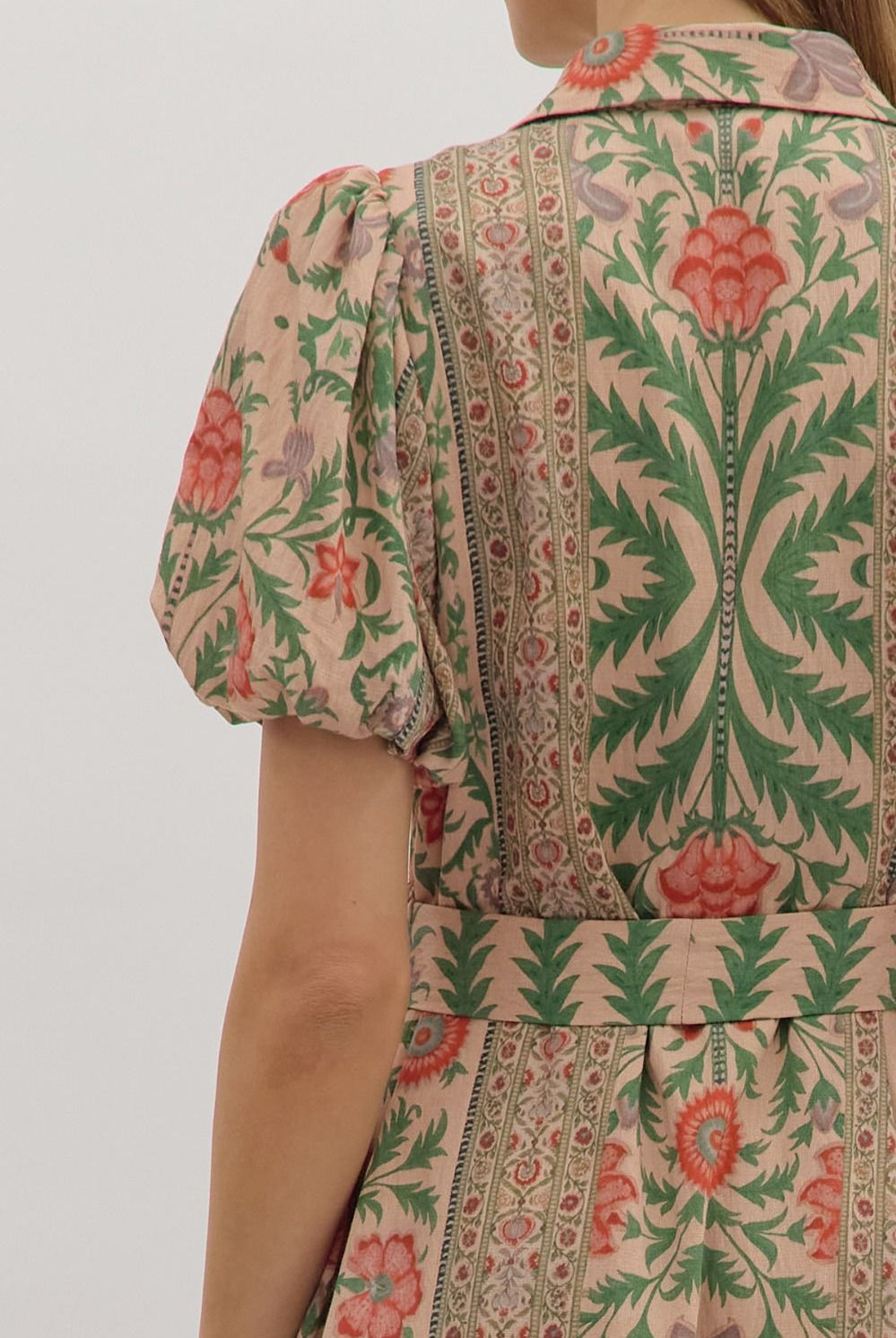 Entro Botanical Print Puff Sleeve Midi Dress in Natural Multi-Dresses-Entro-Deja Nu Boutique, Women's Fashion Boutique in Lampasas, Texas