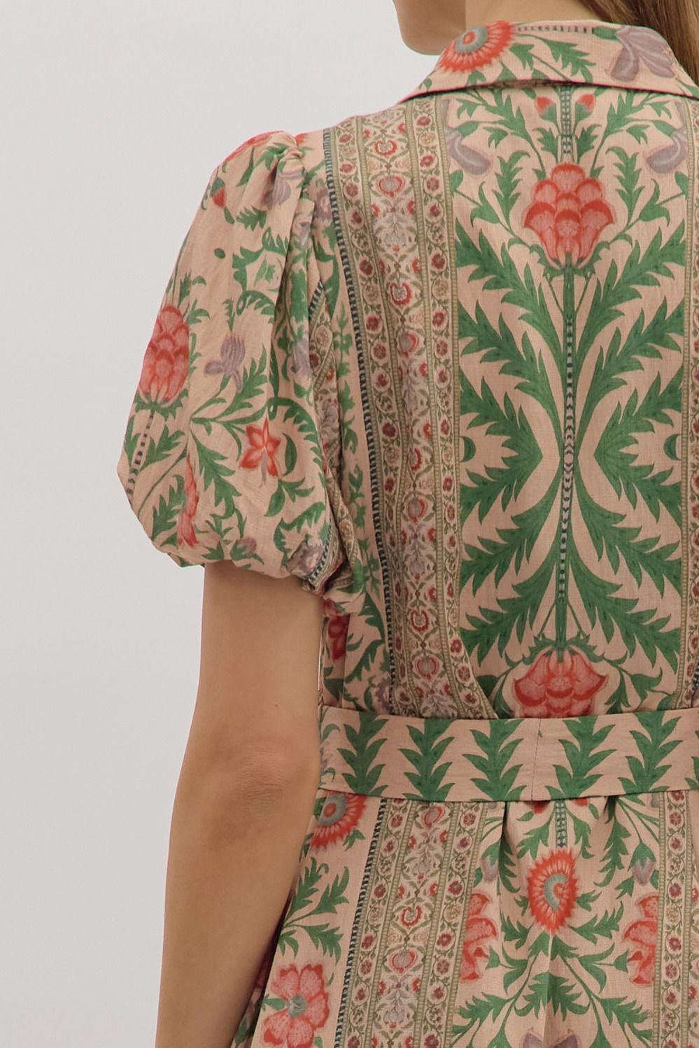 Entro Botanical Print Puff Sleeve Midi Dress in Natural Multi-Dresses-Entro-Deja Nu Boutique, Women's Fashion Boutique in Lampasas, Texas