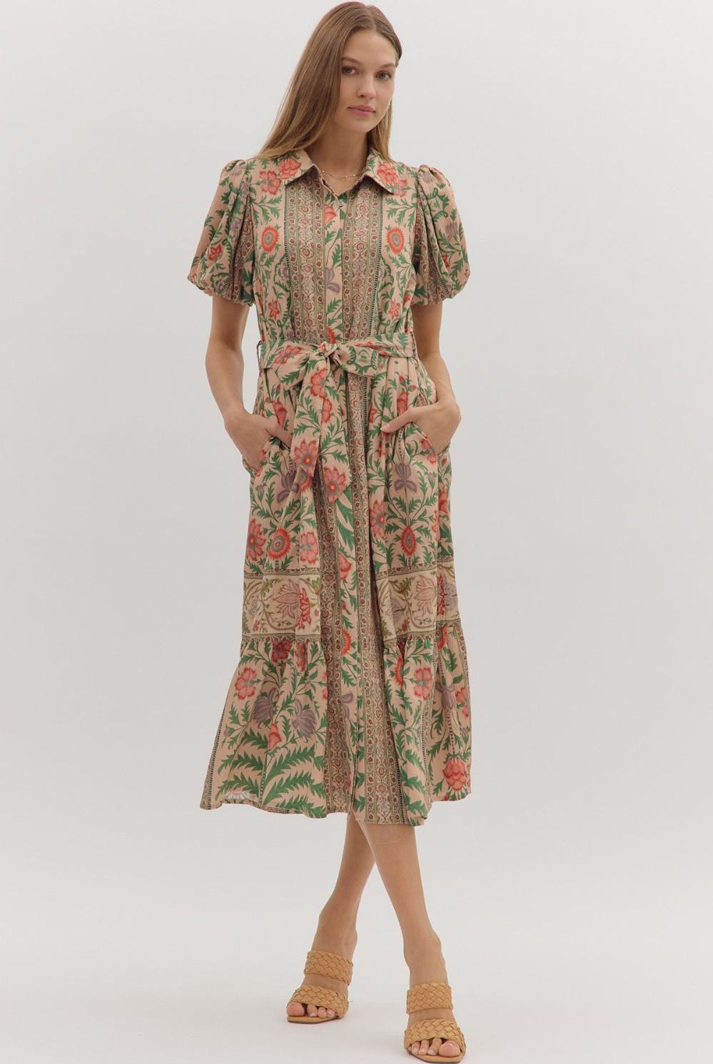 Entro Botanical Print Puff Sleeve Midi Dress in Natural Multi-Dresses-Entro-Deja Nu Boutique, Women's Fashion Boutique in Lampasas, Texas