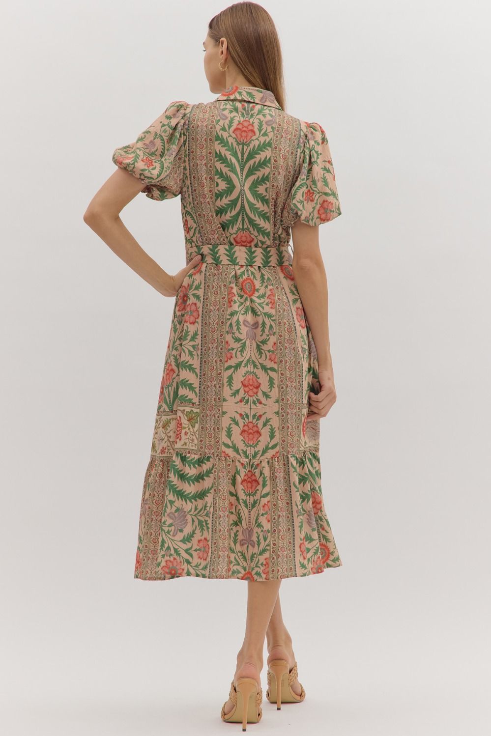 Entro Botanical Print Puff Sleeve Midi Dress in Natural Multi-Dresses-Entro-Deja Nu Boutique, Women's Fashion Boutique in Lampasas, Texas