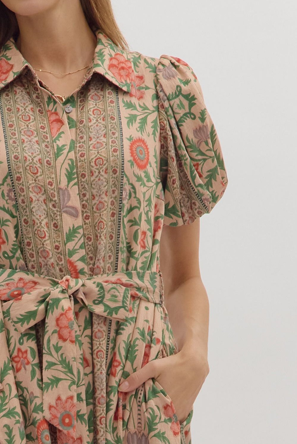 Entro Botanical Print Puff Sleeve Midi Dress in Natural Multi-Dresses-Entro-Deja Nu Boutique, Women's Fashion Boutique in Lampasas, Texas