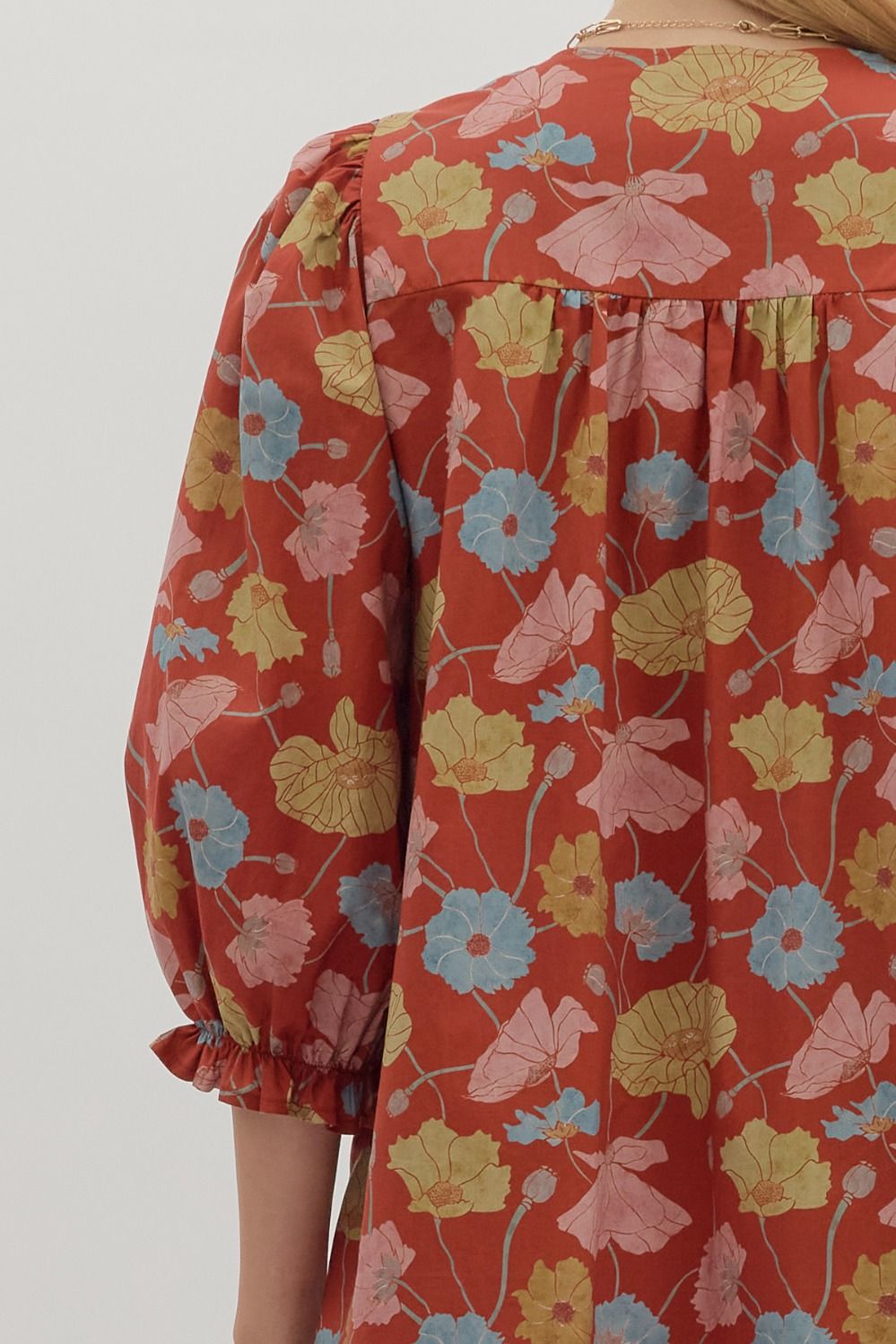 Entro Botanical Print Puff Sleeve Mini Dress in Rust-Dresses-Entro-Deja Nu Boutique, Women's Fashion Boutique in Lampasas, Texas