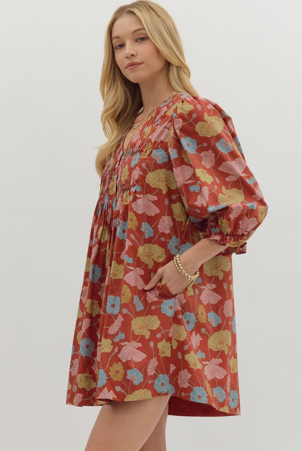 Entro Botanical Print Puff Sleeve Mini Dress in Rust-Dresses-Entro-Deja Nu Boutique, Women's Fashion Boutique in Lampasas, Texas