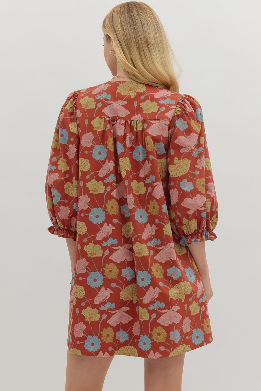 Entro Botanical Print Puff Sleeve Mini Dress in Rust-Dresses-Entro-Deja Nu Boutique, Women's Fashion Boutique in Lampasas, Texas