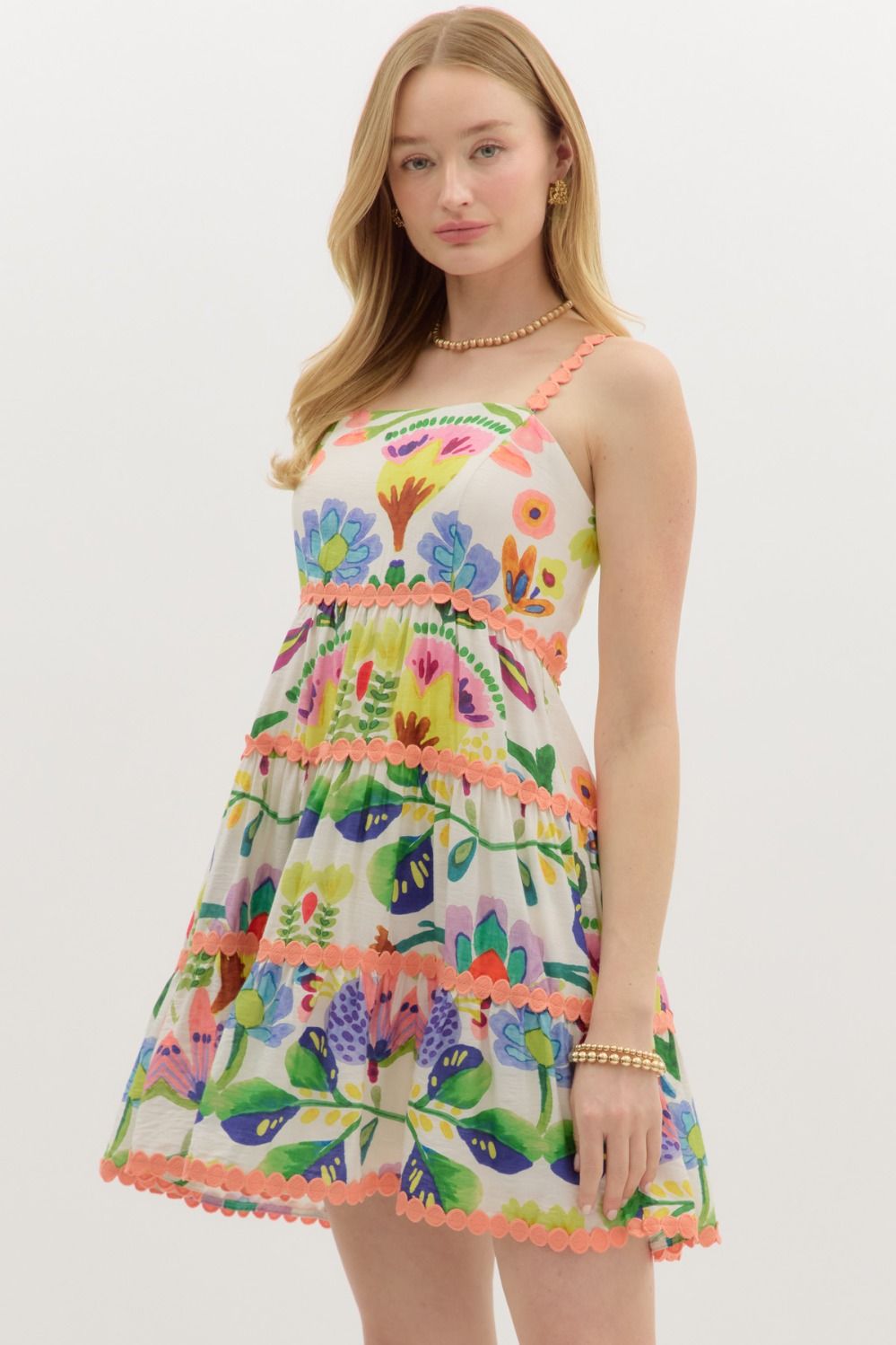 Entro Botanical Tiered Mini Dress – Peach Green-Dresses-Entro-Deja Nu Boutique, Women's Fashion Boutique in Lampasas, Texas