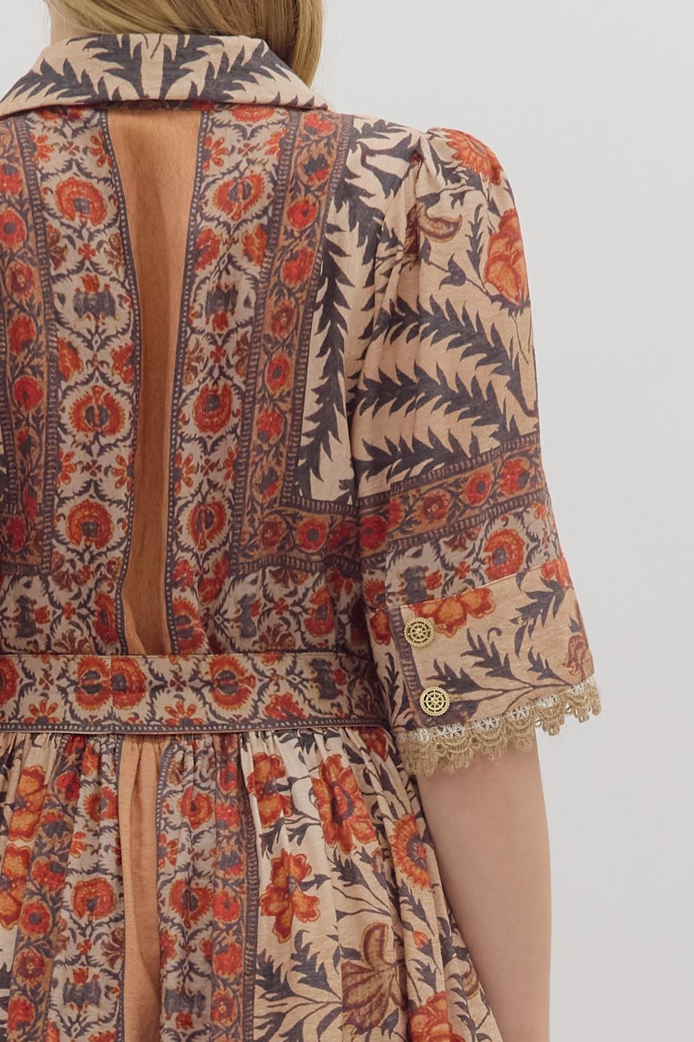 Entro Charcoal Botanical Puff Sleeve Mini Dress with Lace Trim & Pockets-Dresses-entro-Deja Nu Boutique, Women's Fashion Boutique in Lampasas, Texas