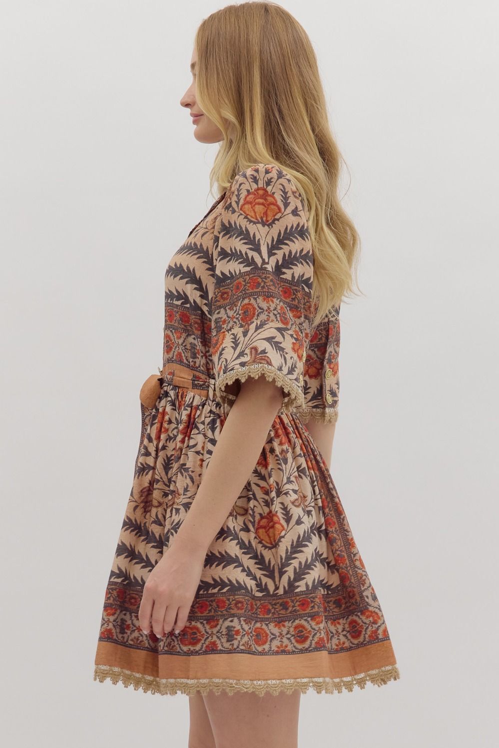 Entro Charcoal Botanical Puff Sleeve Mini Dress with Lace Trim & Pockets-Dresses-entro-Deja Nu Boutique, Women's Fashion Boutique in Lampasas, Texas