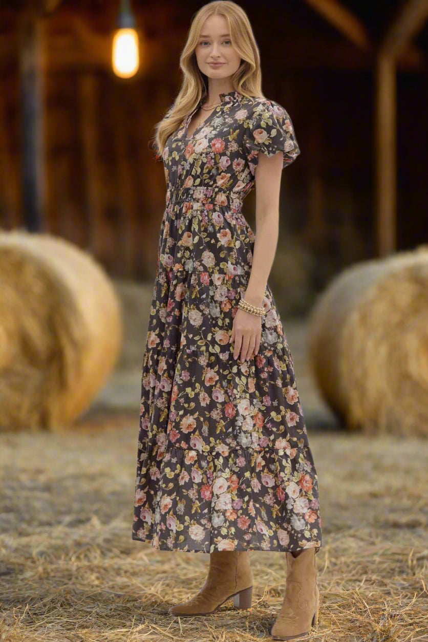 Entro Chocolate Floral Puff Sleeve Midi Dress – 100% Cotton Tiered Fall Midi-Midi Dresses-Entro-Deja Nu Boutique, Women's Fashion Boutique in Lampasas, Texas