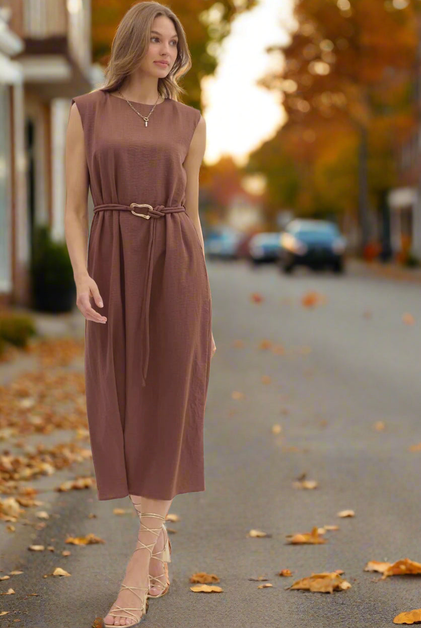Entro Espresso Belted Midi Dress with Gold Accent Fastener-Midi Dresses-Entro-Deja Nu Boutique, Women's Fashion Boutique in Lampasas, Texas