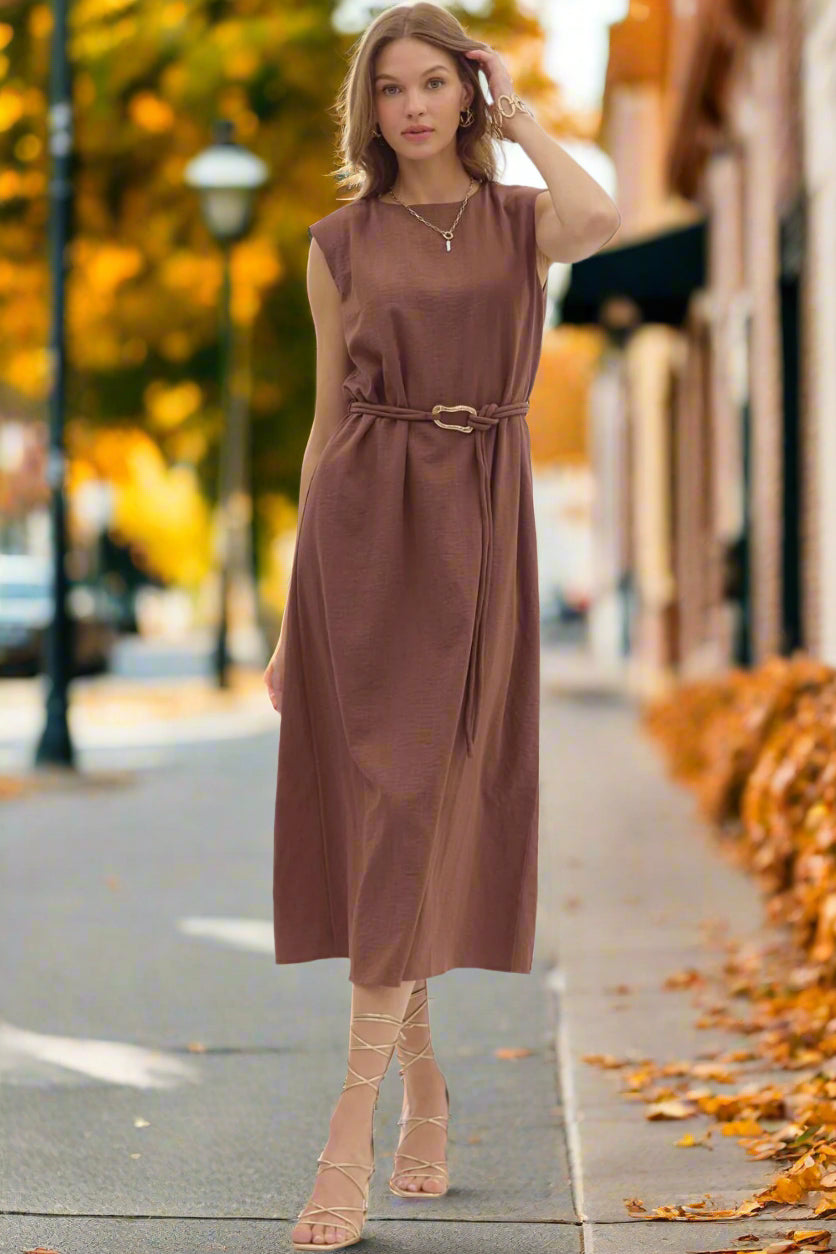 Entro Espresso Belted Midi Dress with Gold Accent Fastener-Midi Dresses-Entro-Deja Nu Boutique, Women's Fashion Boutique in Lampasas, Texas
