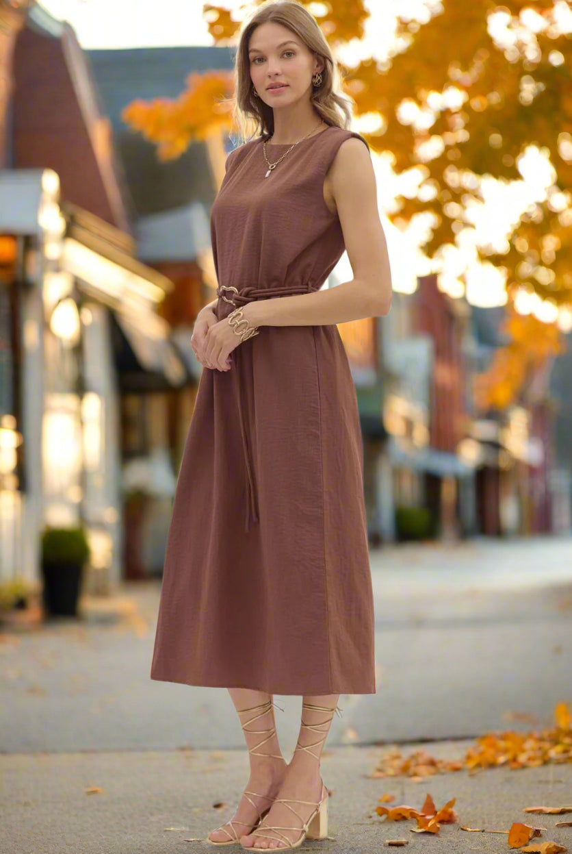 Entro Espresso Belted Midi Dress with Gold Accent Fastener-Midi Dresses-Entro-Deja Nu Boutique, Women's Fashion Boutique in Lampasas, Texas