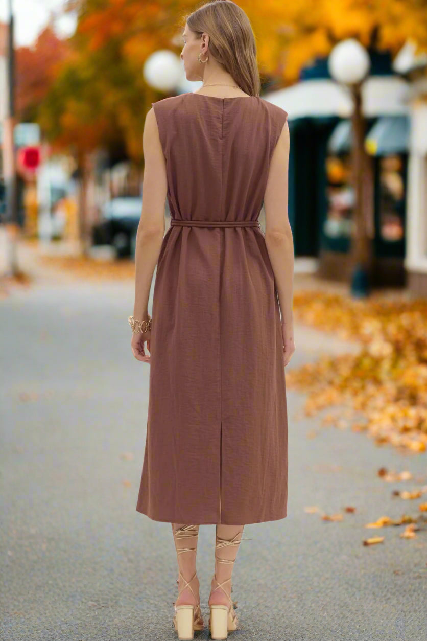 Entro Espresso Belted Midi Dress with Gold Accent Fastener-Midi Dresses-Entro-Deja Nu Boutique, Women's Fashion Boutique in Lampasas, Texas