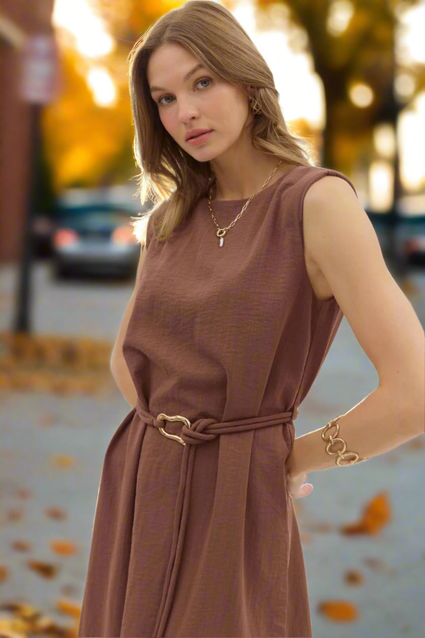 Entro Espresso Belted Midi Dress with Gold Accent Fastener-Midi Dresses-Entro-Deja Nu Boutique, Women's Fashion Boutique in Lampasas, Texas