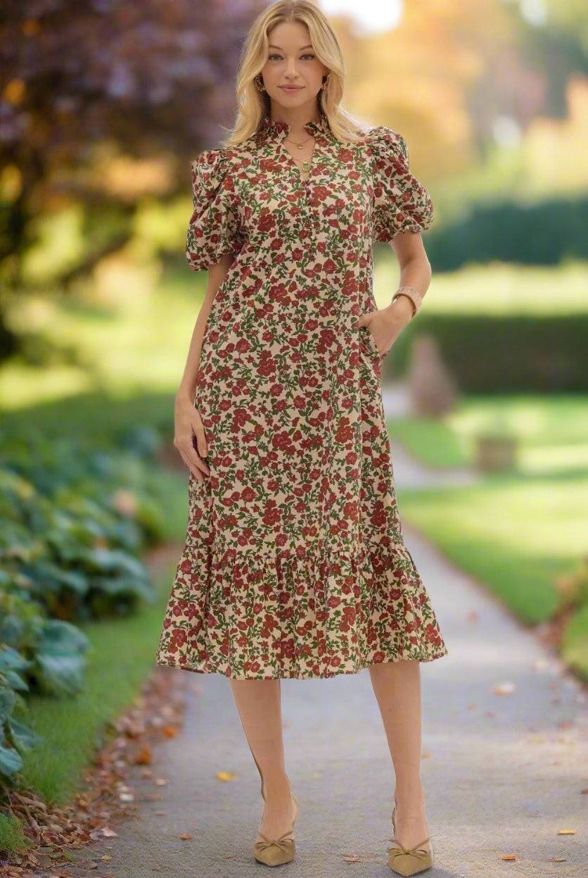 Entro Fall Garden Ecru Floral Puff Sleeve Cotton Midi Dress-Midi Dresses-Entro-Deja Nu Boutique, Women's Fashion Boutique in Lampasas, Texas