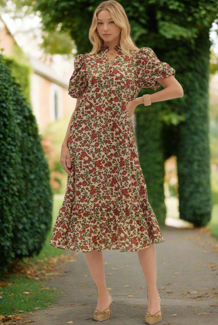 Entro Fall Garden Ecru Floral Puff Sleeve Cotton Midi Dress-Midi Dresses-Entro-Deja Nu Boutique, Women's Fashion Boutique in Lampasas, Texas