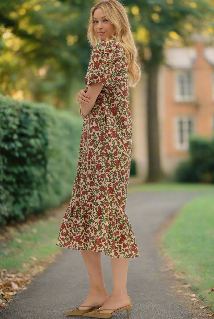 Entro Fall Garden Ecru Floral Puff Sleeve Cotton Midi Dress-Midi Dresses-Entro-Deja Nu Boutique, Women's Fashion Boutique in Lampasas, Texas