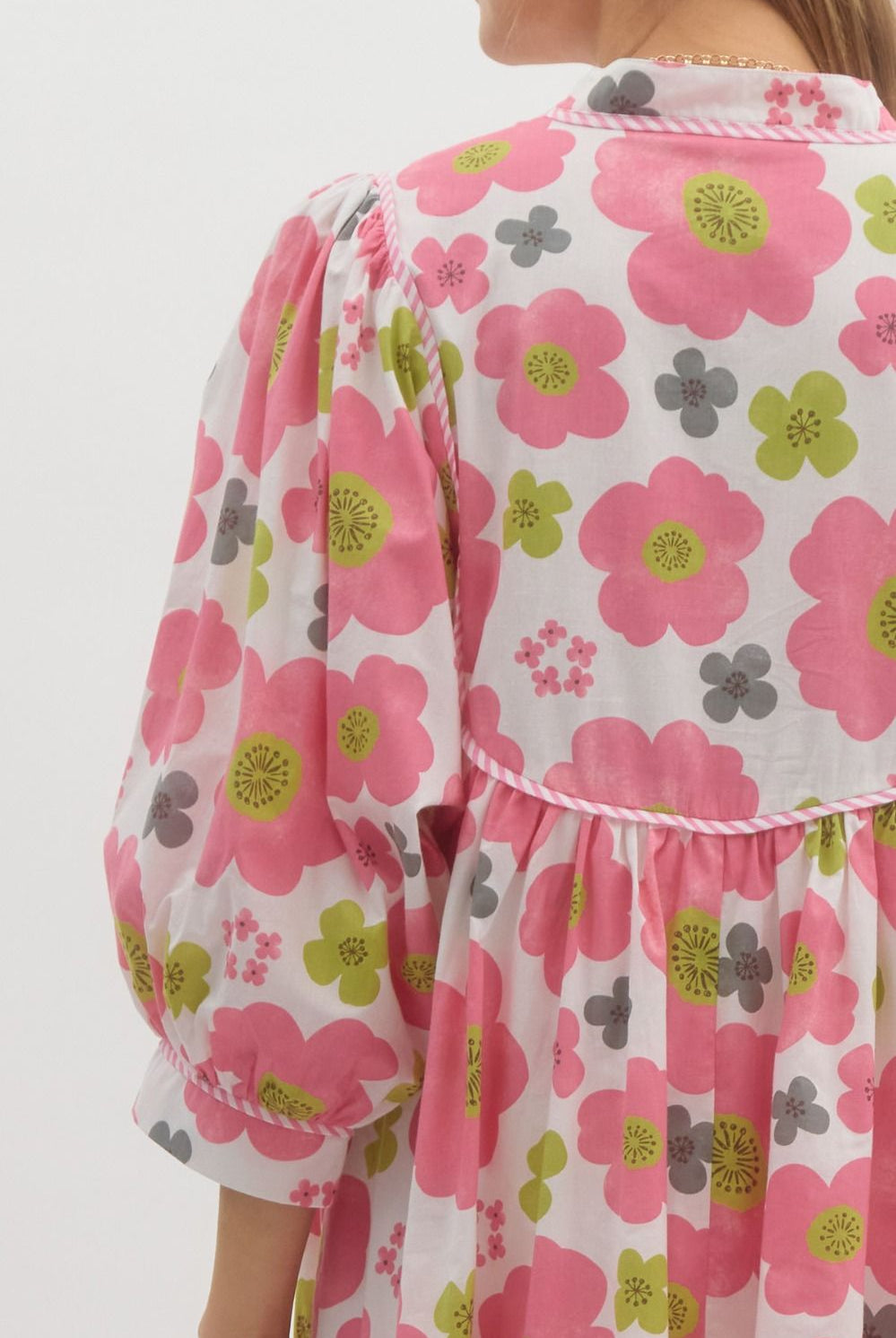 Entro Floral Babydoll Dress With Contrast Trim And Mid Sleeves-Short Dresses-Entro-Deja Nu Boutique, Women's Fashion Boutique in Lampasas, Texas