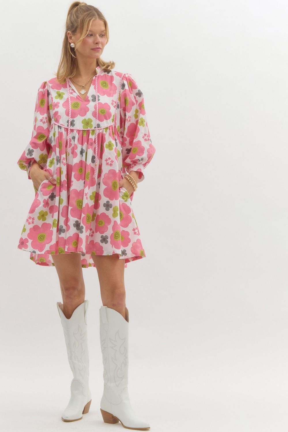 Entro Floral Babydoll Dress With Contrast Trim And Mid Sleeves-Short Dresses-Entro-Deja Nu Boutique, Women's Fashion Boutique in Lampasas, Texas
