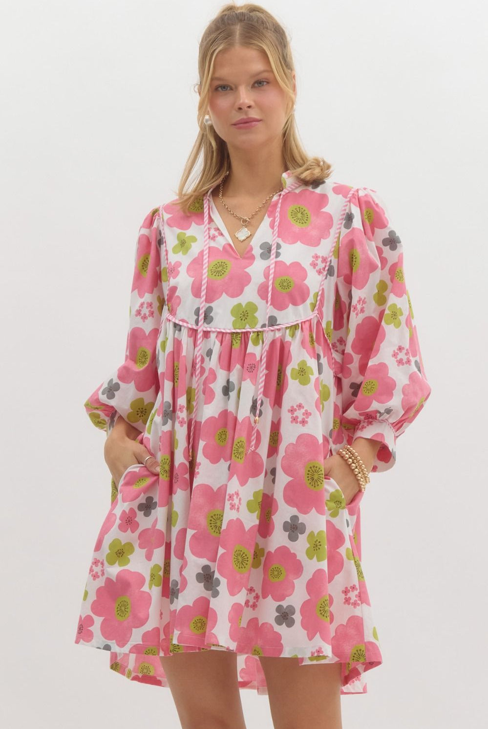 Entro Floral Babydoll Dress With Contrast Trim And Mid Sleeves-Short Dresses-Entro-Deja Nu Boutique, Women's Fashion Boutique in Lampasas, Texas
