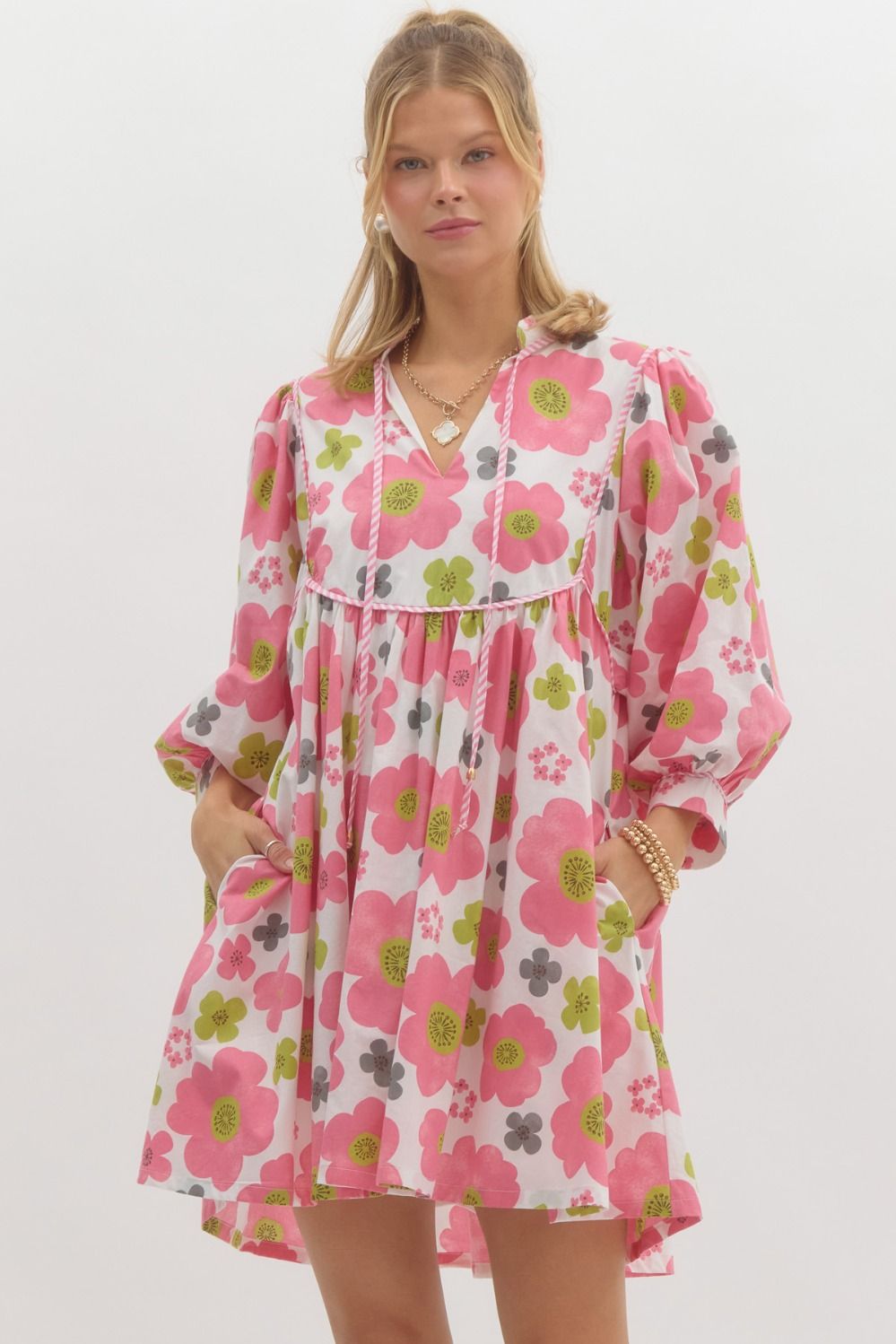 Entro Floral Babydoll Dress With Contrast Trim And Mid Sleeves-Short Dresses-Entro-Deja Nu Boutique, Women's Fashion Boutique in Lampasas, Texas