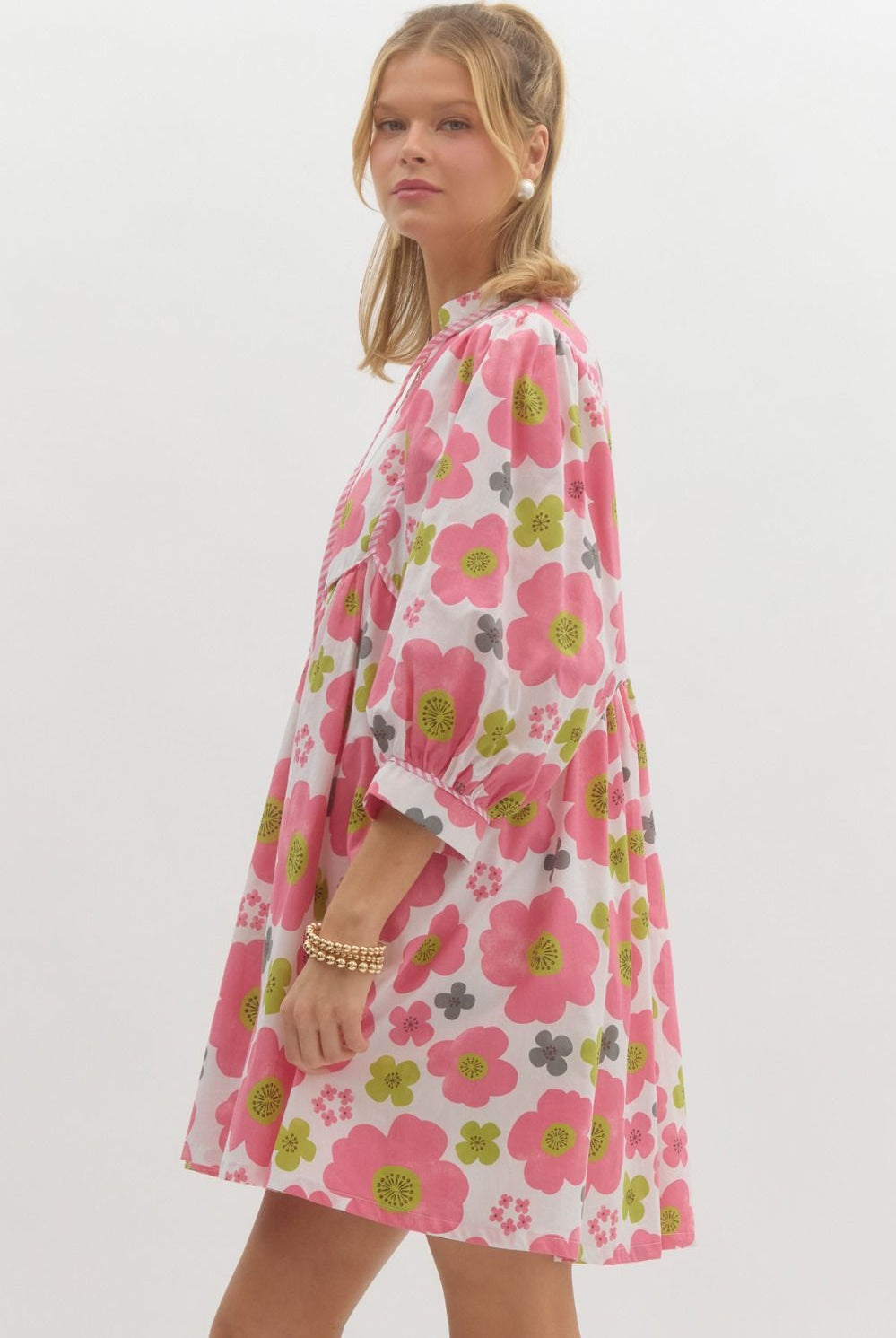 Entro Floral Babydoll Dress With Contrast Trim And Mid Sleeves-Short Dresses-Entro-Deja Nu Boutique, Women's Fashion Boutique in Lampasas, Texas