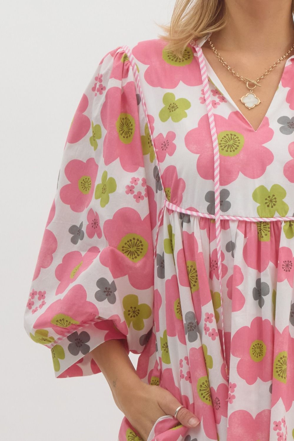 Entro Floral Babydoll Dress With Contrast Trim And Mid Sleeves-Short Dresses-Entro-Deja Nu Boutique, Women's Fashion Boutique in Lampasas, Texas