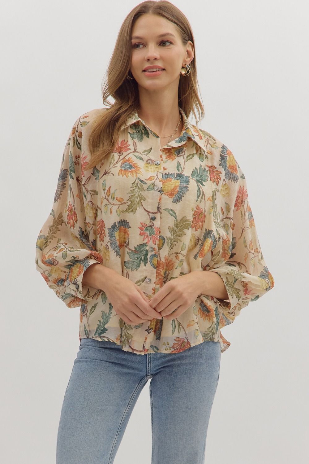 Entro Floral Print Long Sleeve Button-Down Top in Ecru-Tops-entro-Deja Nu Boutique, Women's Fashion Boutique in Lampasas, Texas