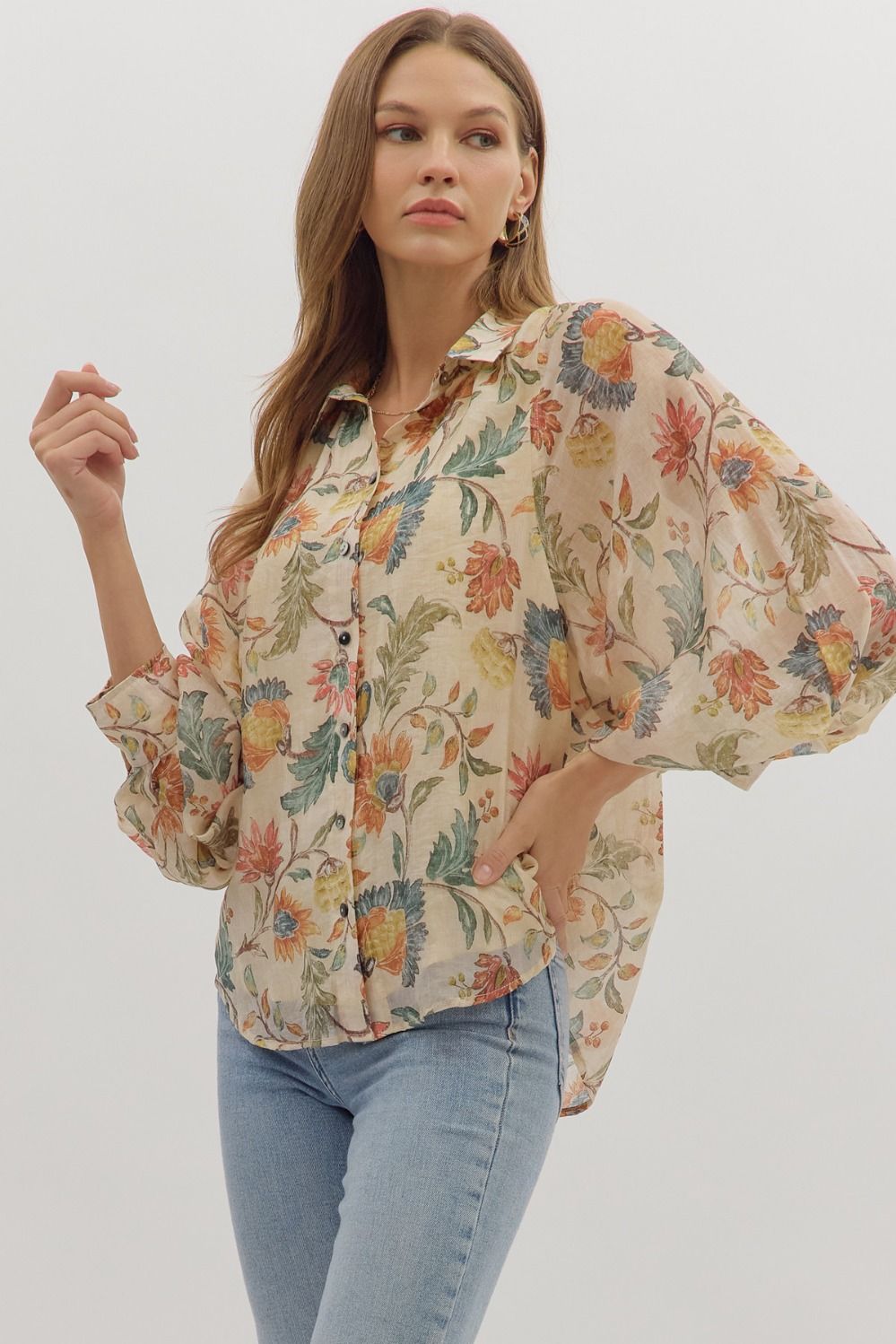 Entro Floral Print Long Sleeve Button-Down Top in Ecru-Tops-entro-Deja Nu Boutique, Women's Fashion Boutique in Lampasas, Texas
