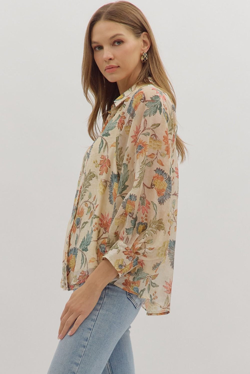 Entro Floral Print Long Sleeve Button-Down Top in Ecru-Tops-entro-Deja Nu Boutique, Women's Fashion Boutique in Lampasas, Texas