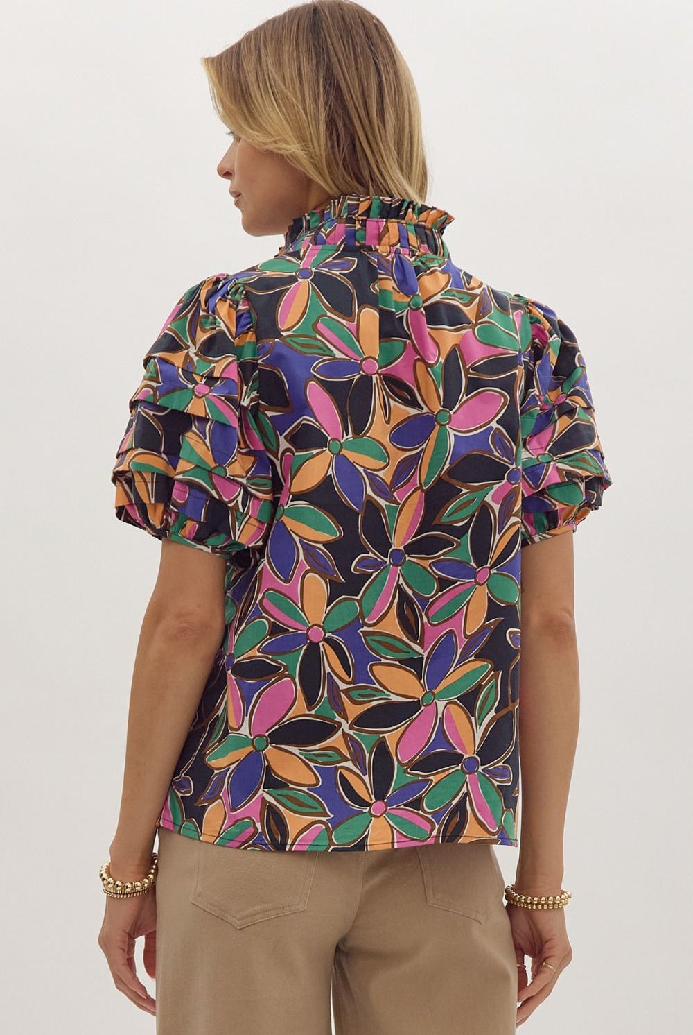 Entro Floral Print Short Sleeve Tiered Detail Blouse In Multi-Tops-Entro-Deja Nu Boutique, Women's Fashion Boutique in Lampasas, Texas