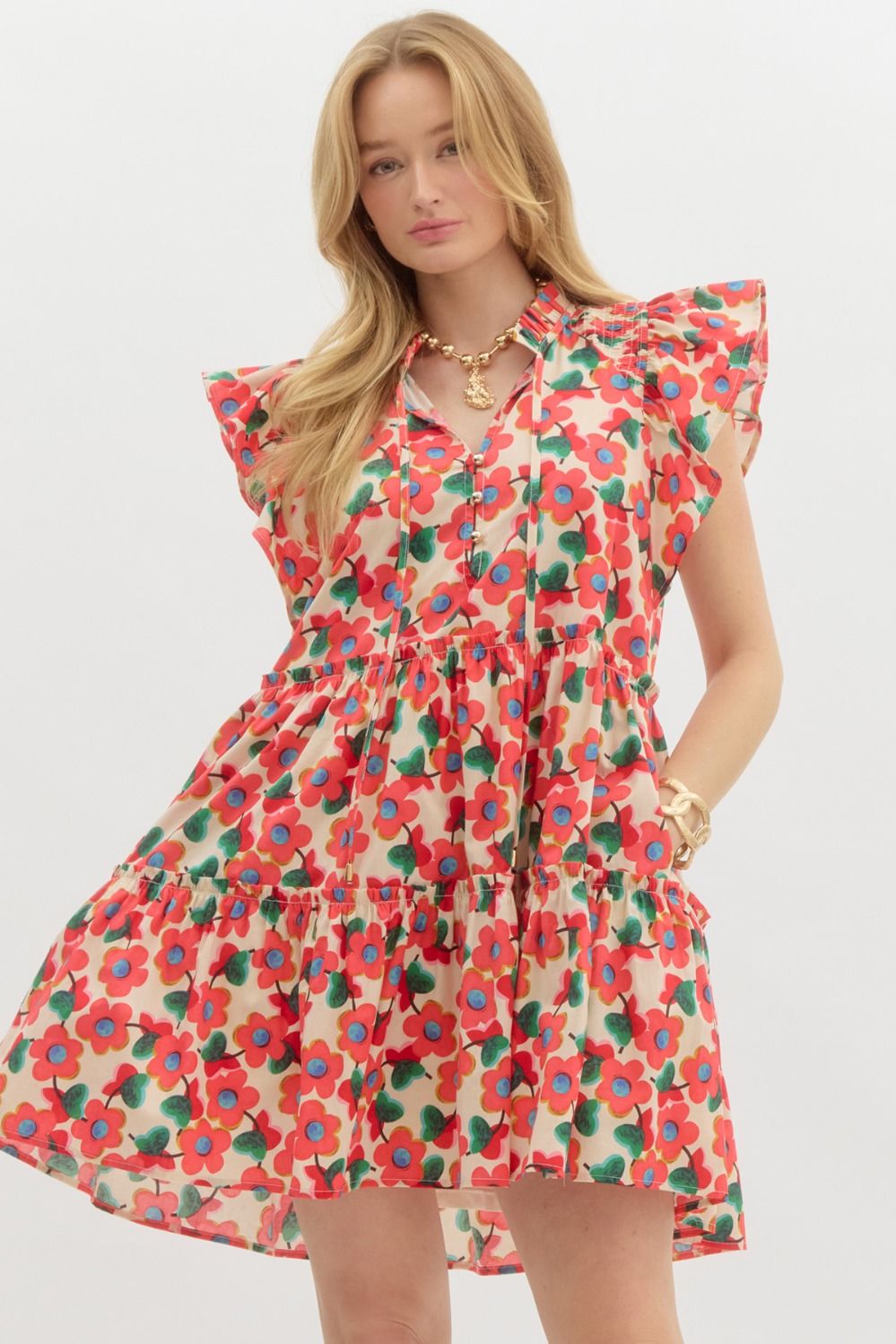 Entro Floral Tiered Mini Dress – A Whimsical Spring Must-Have-Midi Dresses-Entro-Deja Nu Boutique, Women's Fashion Boutique in Lampasas, Texas