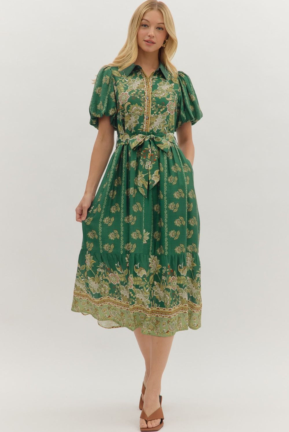 Entro Green Botanical Midi Dress with Puff Sleeves & Button Front-Midi Dresses-entro-Deja Nu Boutique, Women's Fashion Boutique in Lampasas, Texas
