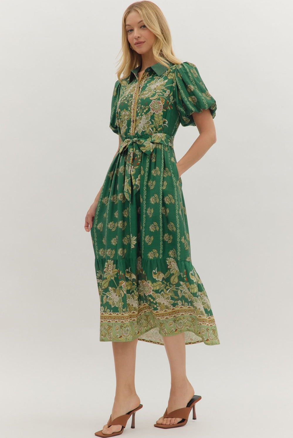 Entro Green Botanical Midi Dress with Puff Sleeves & Button Front-Midi Dresses-entro-Deja Nu Boutique, Women's Fashion Boutique in Lampasas, Texas