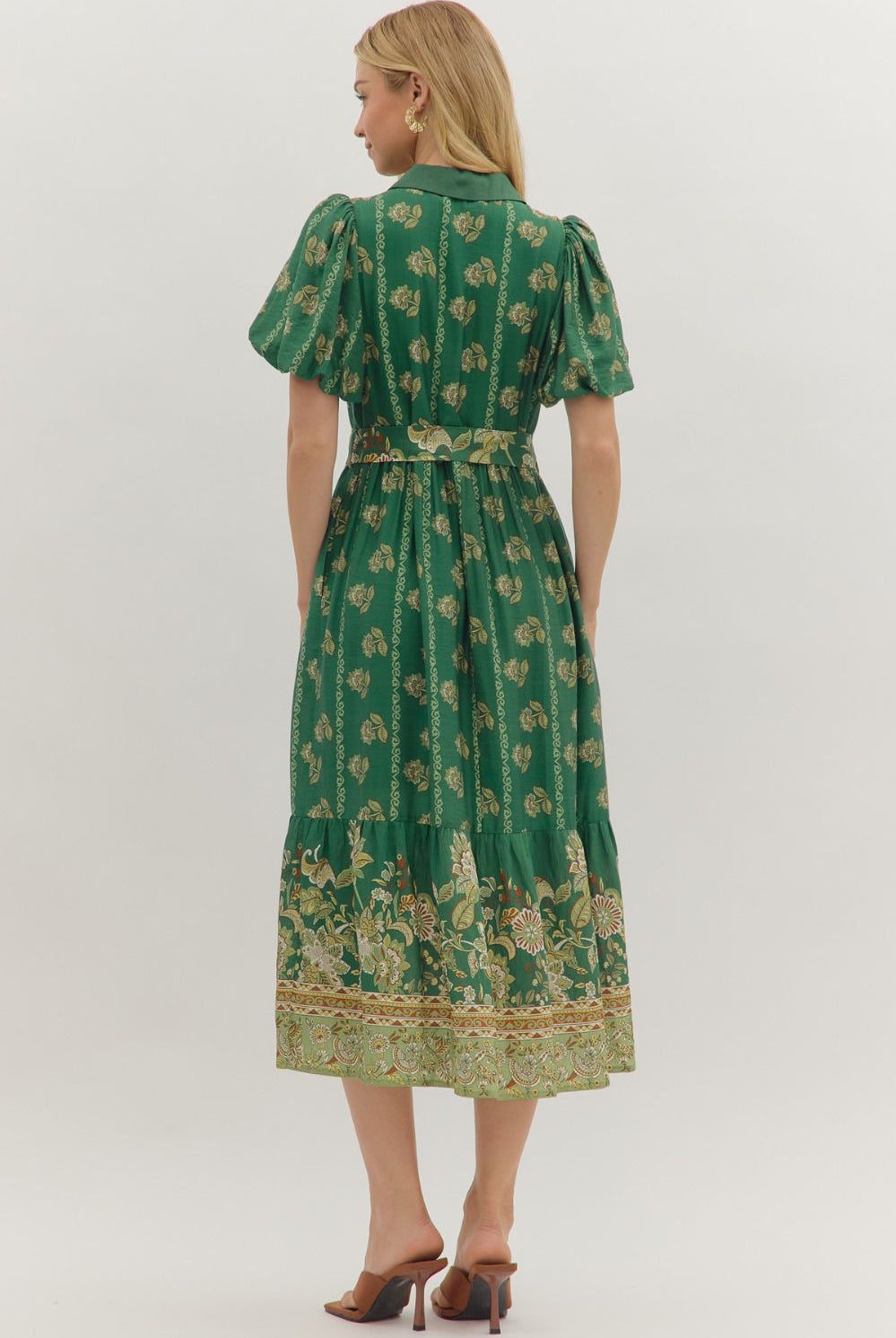Entro Green Botanical Midi Dress with Puff Sleeves & Button Front-Midi Dresses-entro-Deja Nu Boutique, Women's Fashion Boutique in Lampasas, Texas