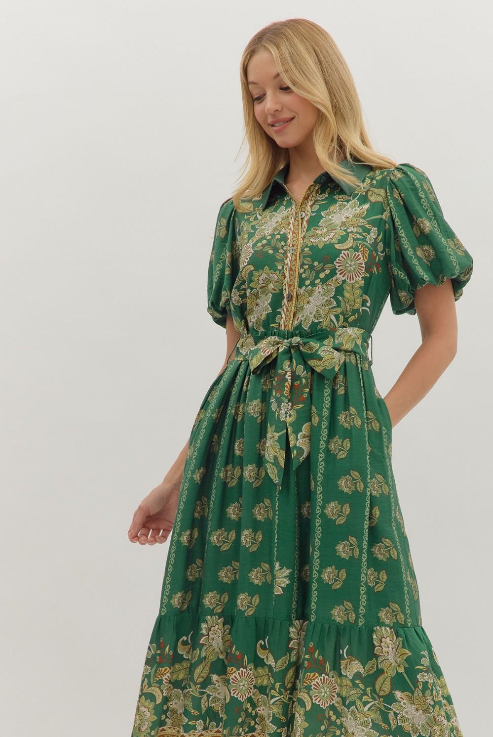 Entro Green Botanical Midi Dress with Puff Sleeves & Button Front-Midi Dresses-entro-Deja Nu Boutique, Women's Fashion Boutique in Lampasas, Texas