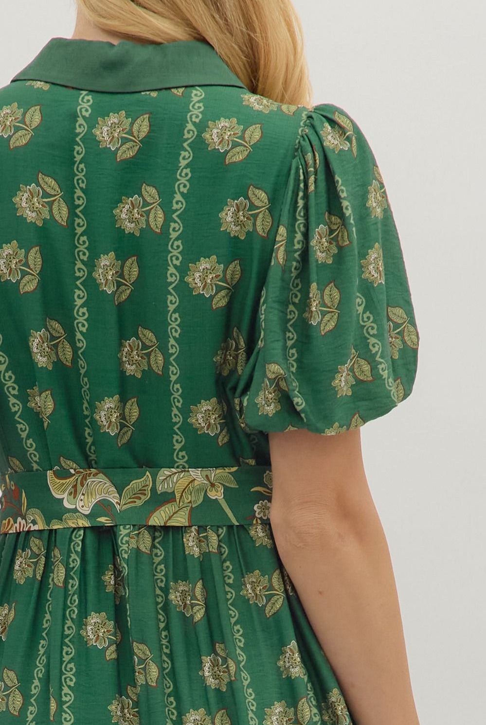 Entro Green Botanical Midi Dress with Puff Sleeves & Button Front-Midi Dresses-entro-Deja Nu Boutique, Women's Fashion Boutique in Lampasas, Texas