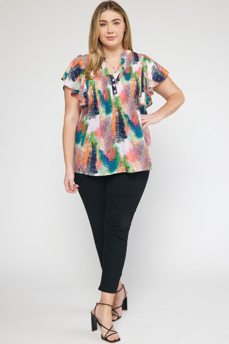 Entro Green Orange Print V-Neck Ruffle Sleeve Top Featuring Button Detail Plus-Curvy/Plus Blouses-Entro-Deja Nu Boutique, Women's Fashion Boutique in Lampasas, Texas
