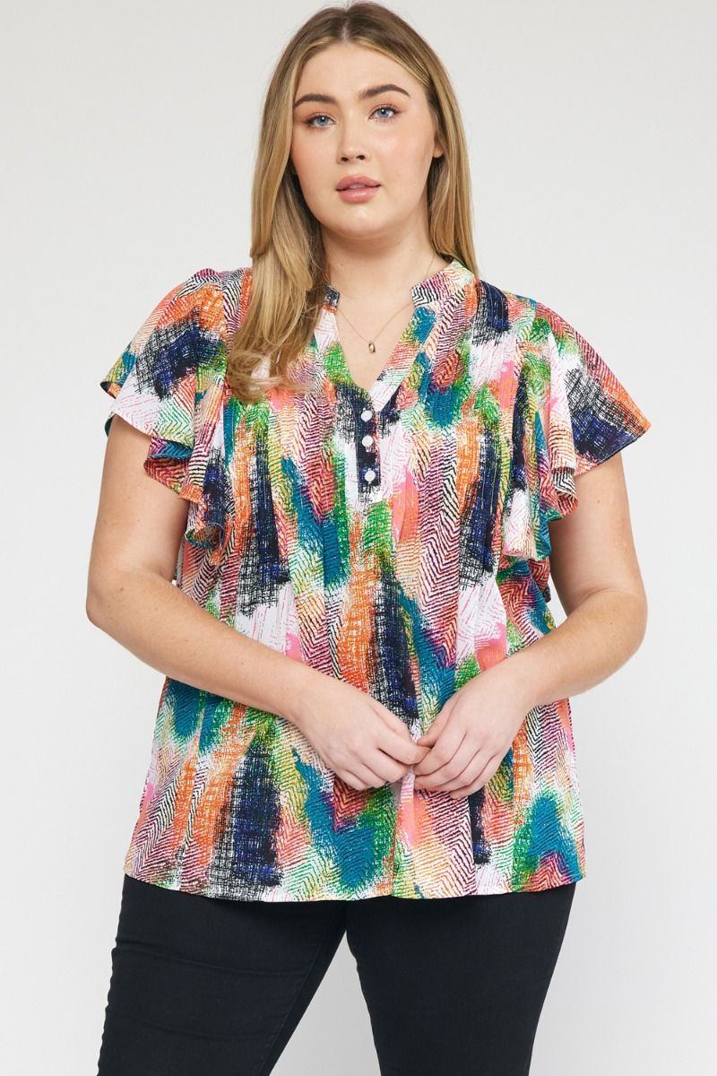 Entro Green Orange Print V-Neck Ruffle Sleeve Top Featuring Button Detail Plus-Curvy/Plus Blouses-Entro-Deja Nu Boutique, Women's Fashion Boutique in Lampasas, Texas