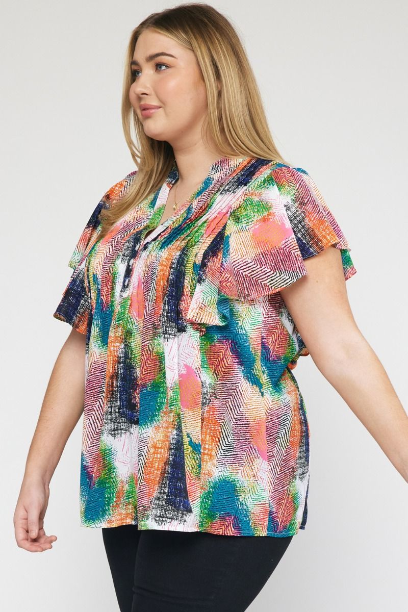 Entro Green Orange Print V-Neck Ruffle Sleeve Top Featuring Button Detail Plus-Curvy/Plus Blouses-Entro-Deja Nu Boutique, Women's Fashion Boutique in Lampasas, Texas