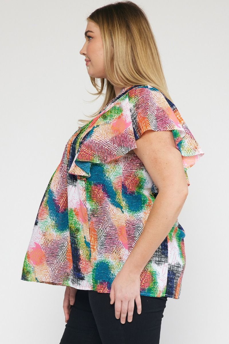 Entro Green Orange Print V-Neck Ruffle Sleeve Top Featuring Button Detail Plus-Curvy/Plus Blouses-Entro-Deja Nu Boutique, Women's Fashion Boutique in Lampasas, Texas